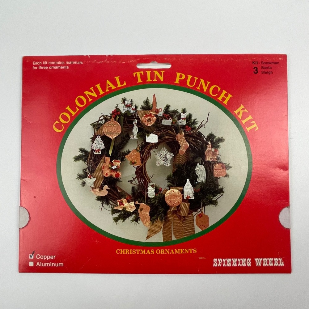 Vintage 1984 Spinning Wheel Colonial Tin Punch Kit 3 Copper Christmas‎ Ornaments